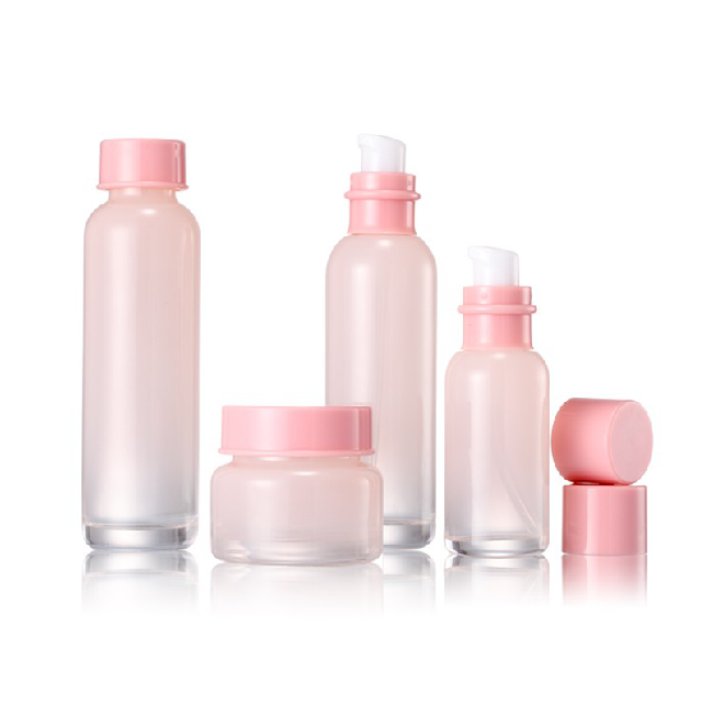 Excellent quality latest glass cosmetic bottle set, pink glass cosmetic bottle and jar,cosmetics cream glass bottles and jars