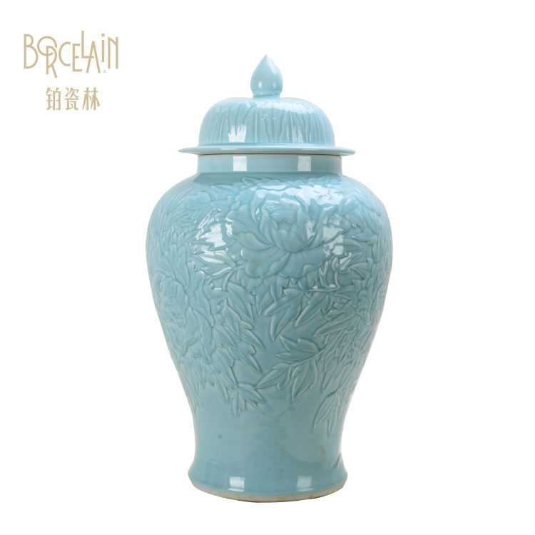 Exquisite relief blue decorative pot chinese ceramic ginger jar for sale