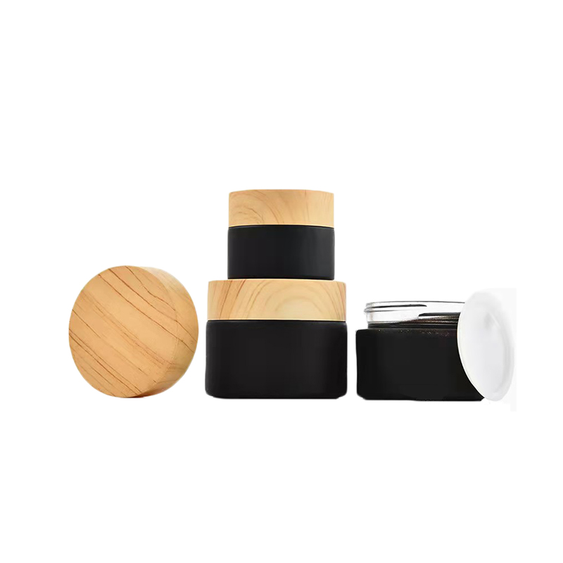 Eye Cream Glass Skincare Cosmetic Packaging Matte Black 5ml 10ml Balm Jar with Wooden Lids