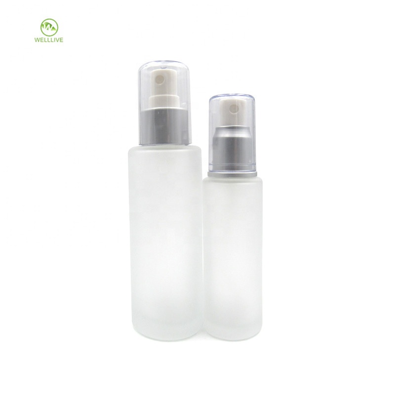 Eye face essential oil container 50ml 100ml flat shoulder frosted clear glass pump sprayer bottle