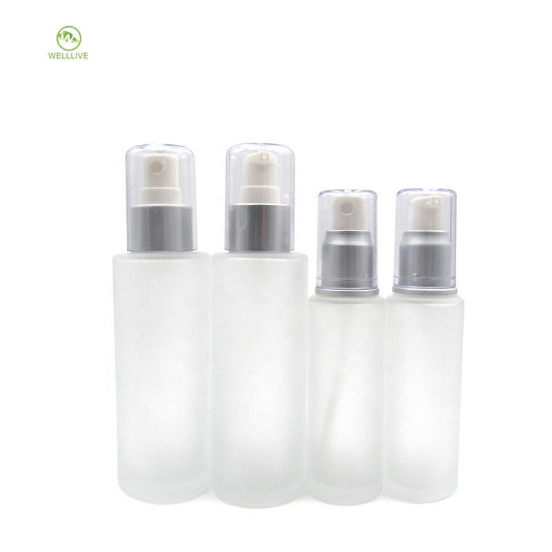 Eye face essential oil container 50ml 100ml flat shoulder frosted clear glass pump sprayer bottle