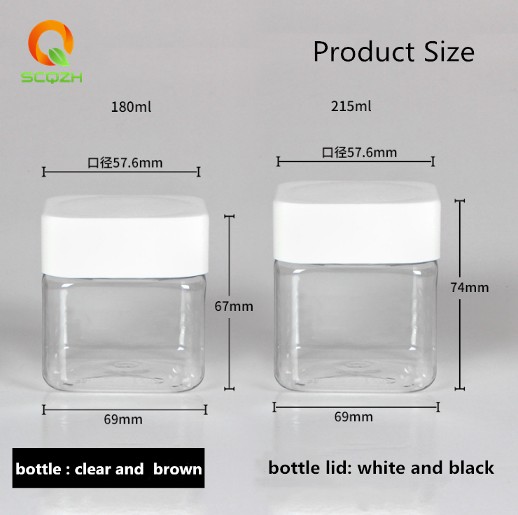 F 180 ML Clear Plastic PET Square Pot Jars Bottles Empty Packing Container Storage Vials Cans Dispenser with Black Screw lid
