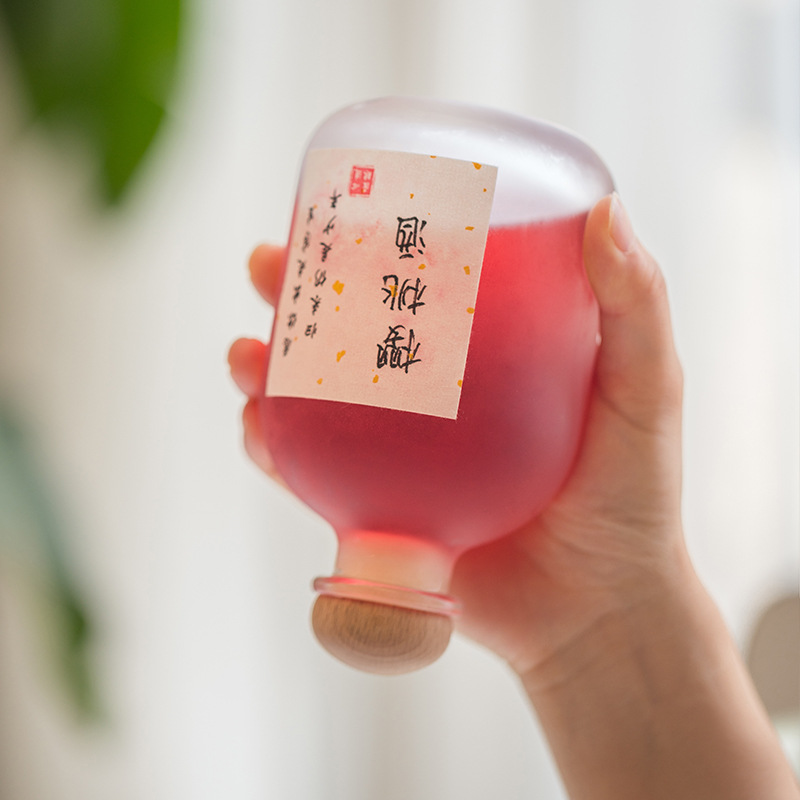 FAST delivery Fat round frost wine glass bottle 500ml 16 oz glass bottles for beverages with wood cork stopper