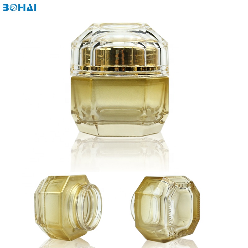 Face Cream Jar Gold Color Gradual Change Glass Plastic Eye Cream 50g with Screw Cap