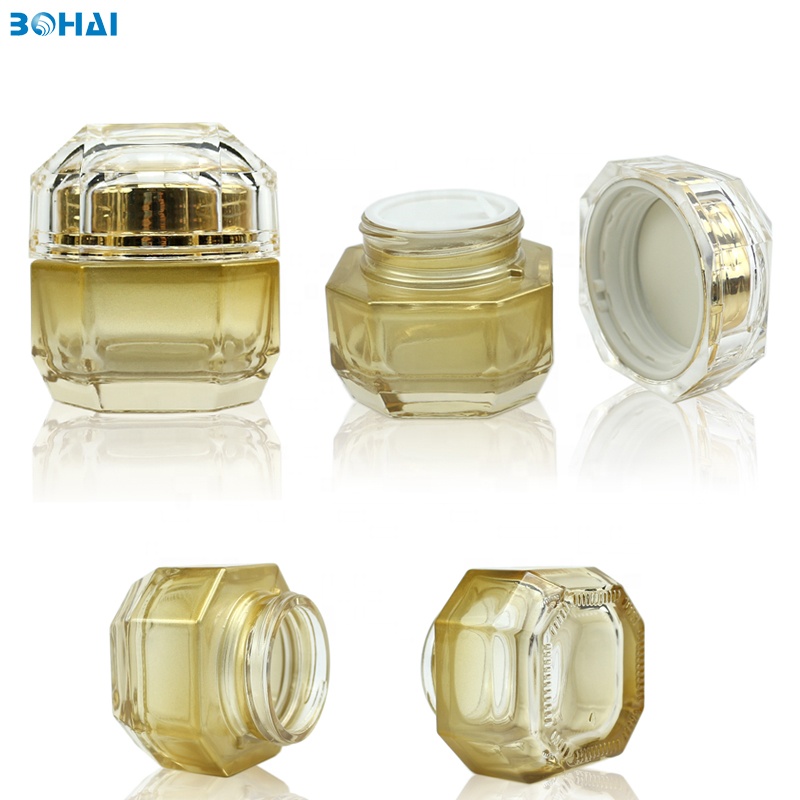 Face Cream Jar Gold Color Gradual Change Glass Plastic Eye Cream 50g with Screw Cap