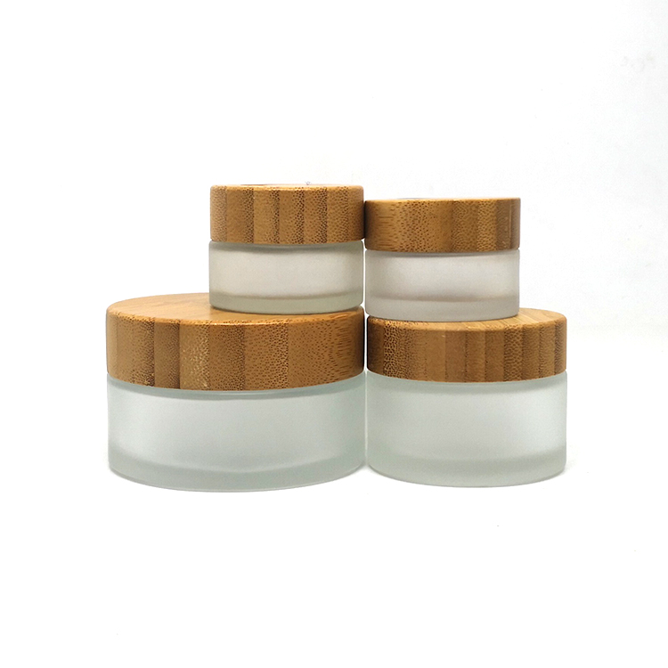 Face Cream cosmetic packaging 50ml 100ml clear frosted glass jar with bamboo lid