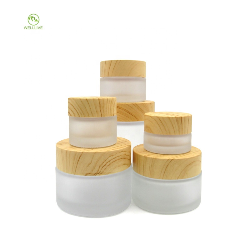 Face cream bottle frosted glass cosmetic container 5g 10g 20g 30g 50g 100g skincare glass jar with wooden lid