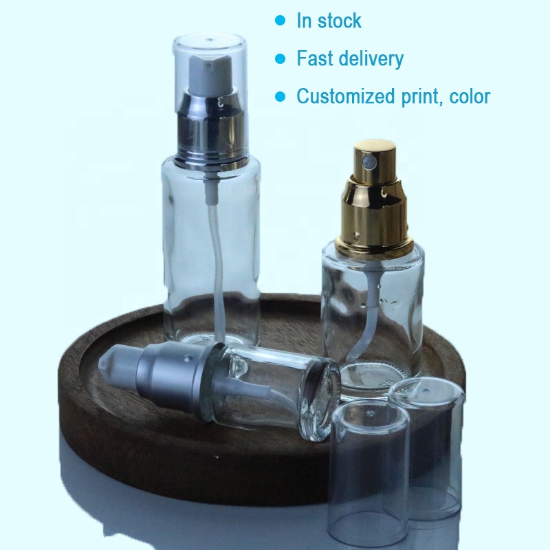 Factory 10ml 30ml 50ml 60ml 80ml 100ml clear flat cylinder glass serum bottle with cream pump (EPG09)