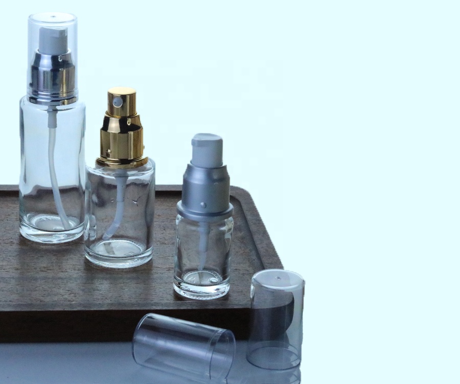 Factory 10ml 30ml 50ml 60ml 80ml 100ml clear flat cylinder glass serum bottle with cream pump (EPG09)