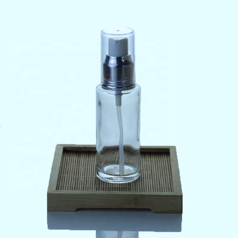 Factory 10ml 30ml 50ml 60ml 80ml 100ml clear flat cylinder glass serum bottle with cream pump (EPG09)