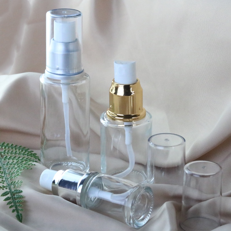 Factory 10ml 30ml 50ml 60ml 80ml 100ml clear flat cylinder glass serum bottle with cream pump (EPG09)