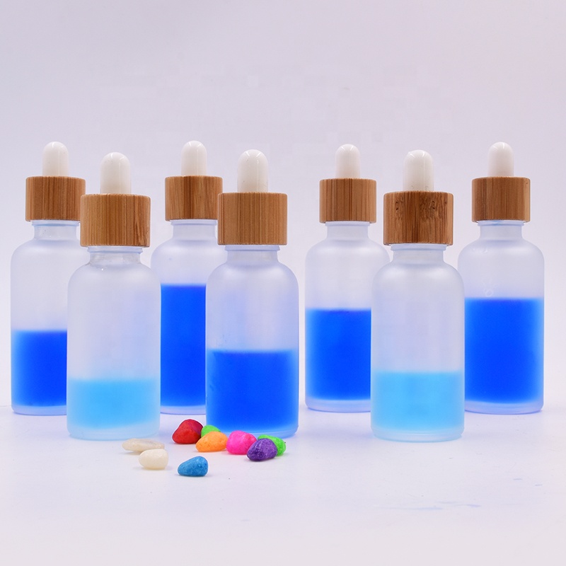 Factory 1oz clear frosted round weed packaging medical oil rosins waxes cbd hanf knosp glass bottles with bamboo pump dropper