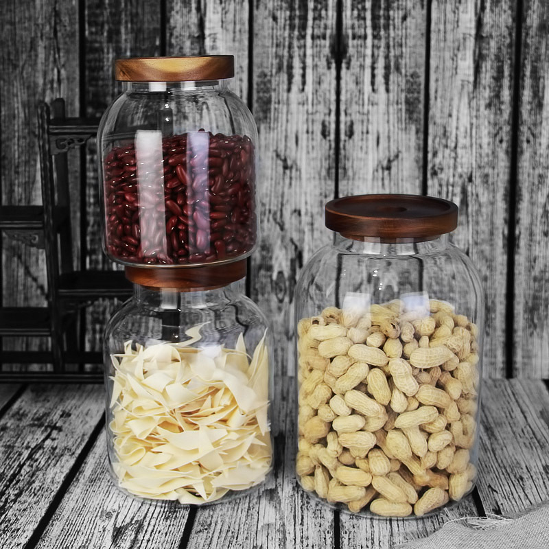Factory Customized Acacia Mangium Clear Apothecary Jars Glass With Lid Nuts Grains Pantry Organization Food Storage For Kitchen