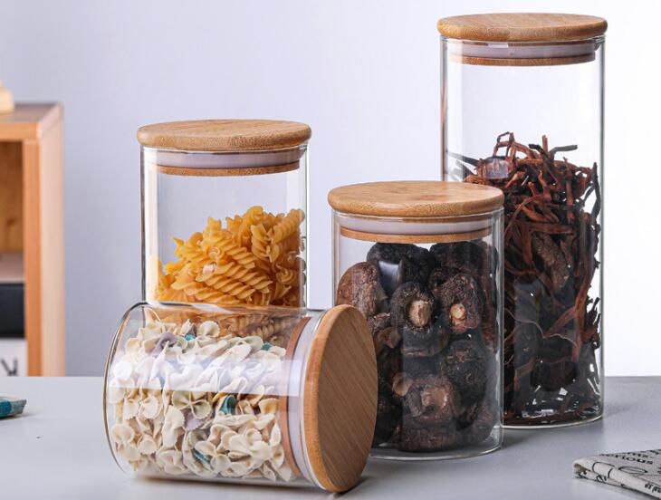 Factory Customized High Borosilicate 8 OZ Glass Jar Clear Glass Airtight Containers Food Canister Bamboo Lid Serving Candy Tea