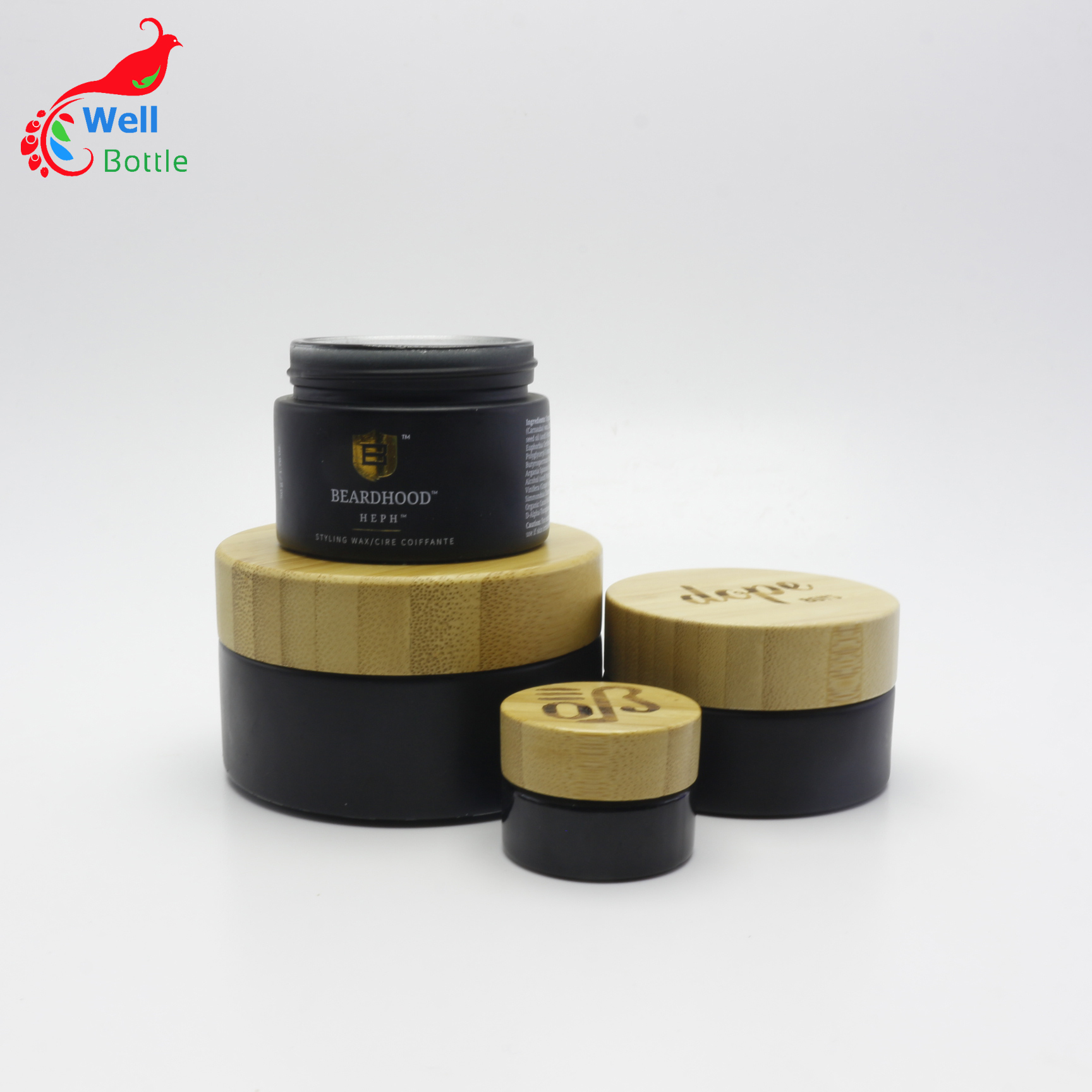 Factory Direct Eco Friendly Cosmetic Bamboo Lid Container 50ml Frosted black Glass jar J126E