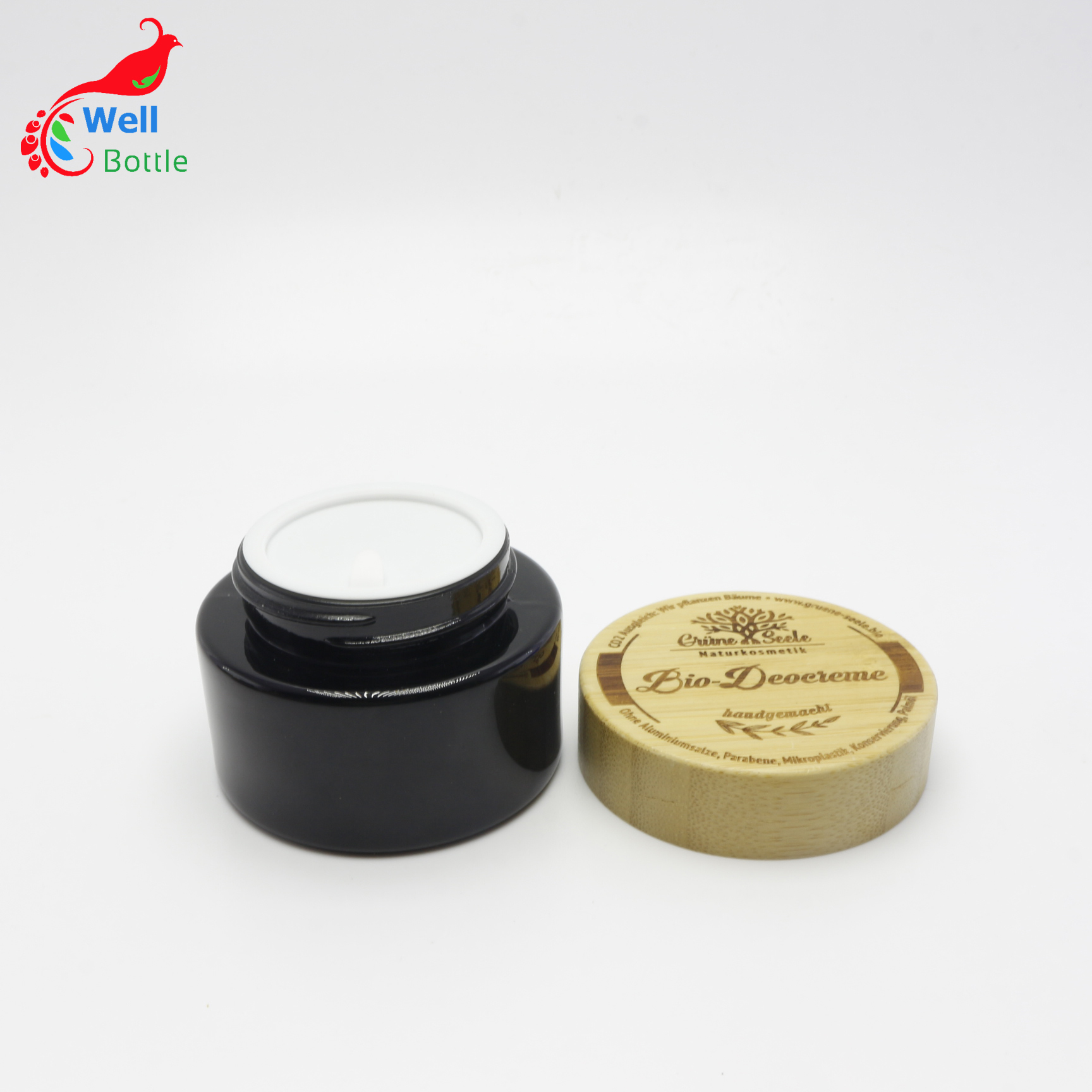 Factory Direct Eco Friendly Cosmetic Bamboo Lid Container 50ml Frosted black Glass jar J126E