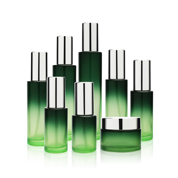 Factory High Quality Custom Color 30ml 60ml 120ml Green Lotion Bottle Set Round Glass Jar Cosmetic Glass Bottles Set