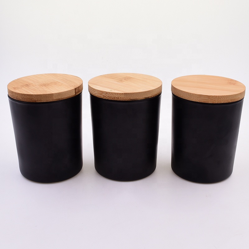 Factory Matte Black High Quality Glass Candle Holder Candle Jars for candles diffuser making with Sealed Wooden Metal Lid