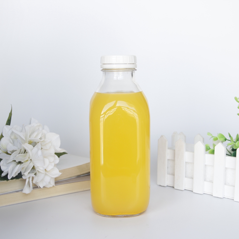 Factory Price 1000ml 16 oz Glass French Square Empty Bottle With Tamper proofed plastic Lid For Ginger Juice