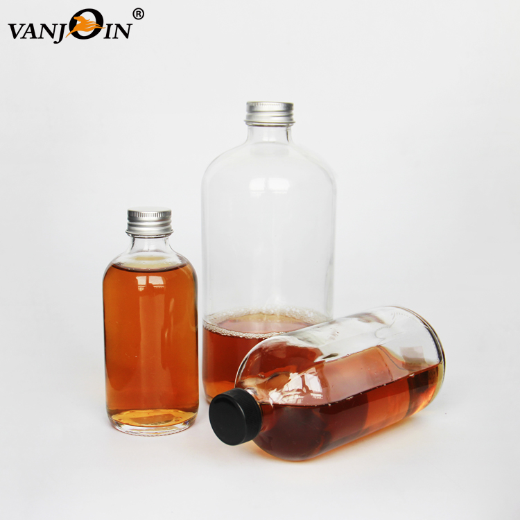 Factory Price 250 ml 500 ml 1000 ml Amber Juice Round Shape Glass Bottles With Aluminum Lids