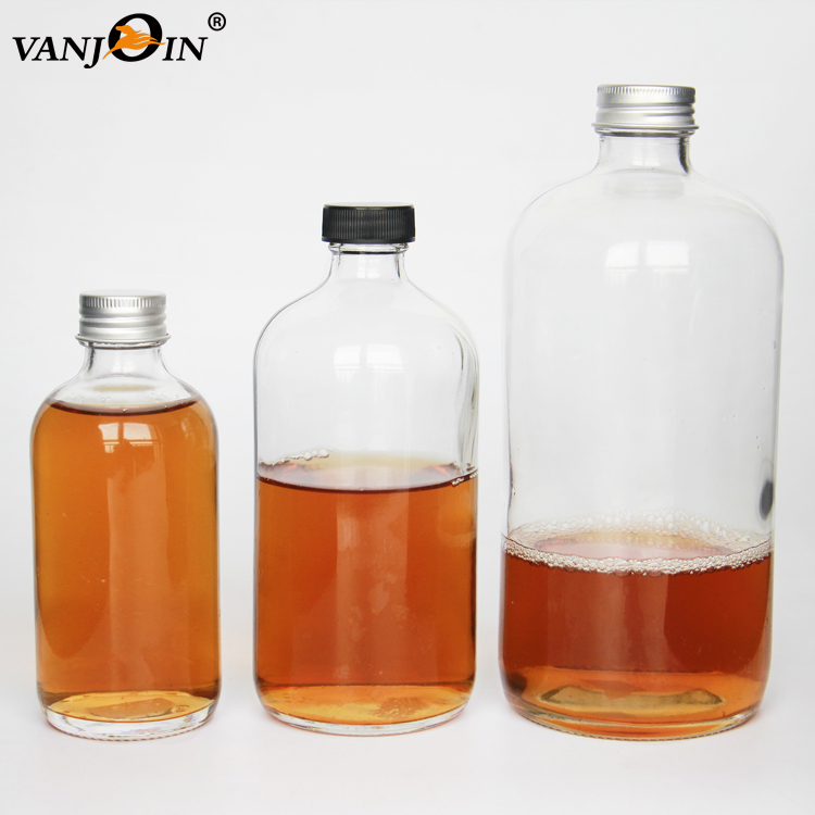 Factory Price 250 ml 500 ml 1000 ml Amber Juice Round Shape Glass Bottles With Aluminum Lids