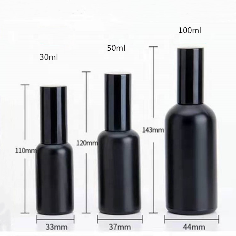 Factory Price 5ml 10ml 15ml 20ml 30ml 50ml 100ml Matte Black Essential Oil Glass Bottle with Gold Cap Pump Sprayer