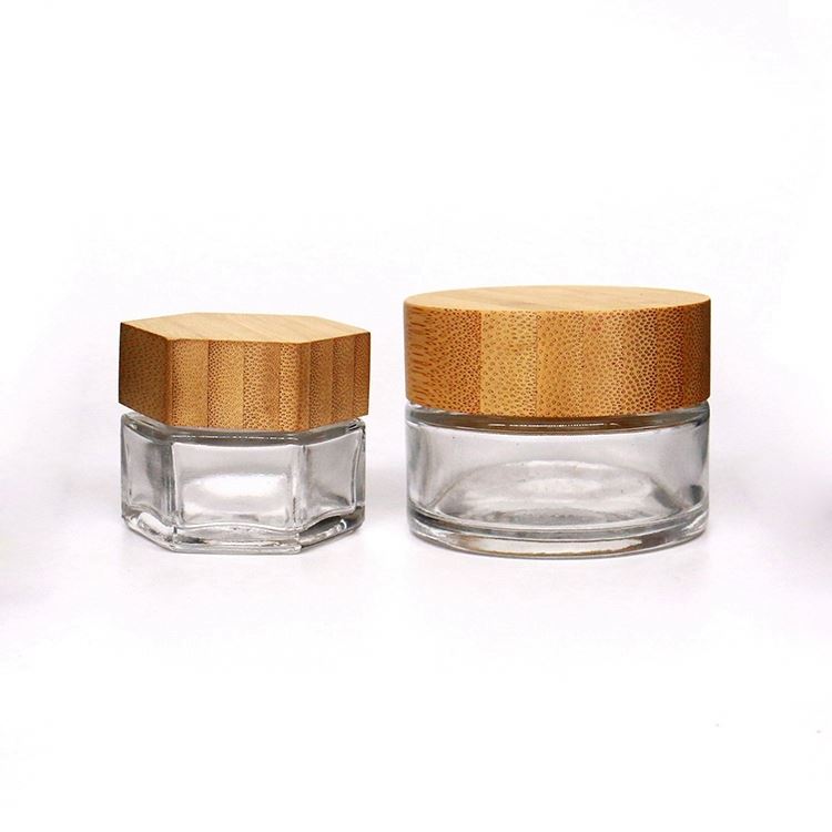 Factory Price Skin Care Packaging Empty 1oz 30g Square Glass Bottle Face Cream Glass Jar With Wooden Bubble Lid Wholesale