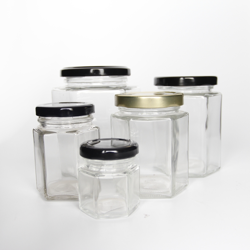 Factory Price Wide  Mouth  2oz 4oz 8oz 16oz  32oz Clear Hexagonal  Glass Jar with Silver Gold Screw Metal Lid