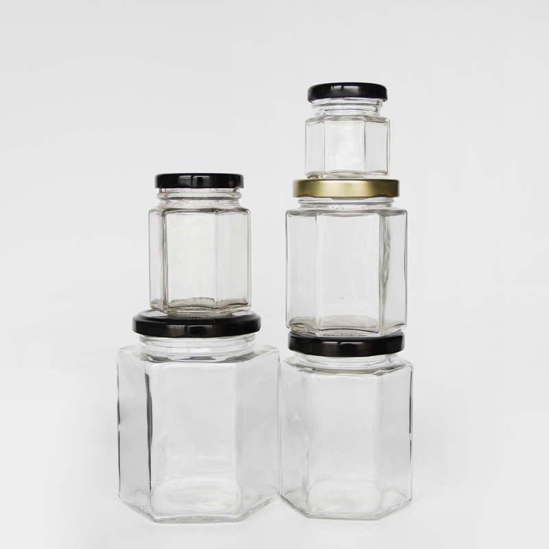 Factory Price Wide Mouth 2oz 4oz 8oz 16oz 32oz Clear Hexagonal Glass Jar with Silver Gold Screw Metal Lid