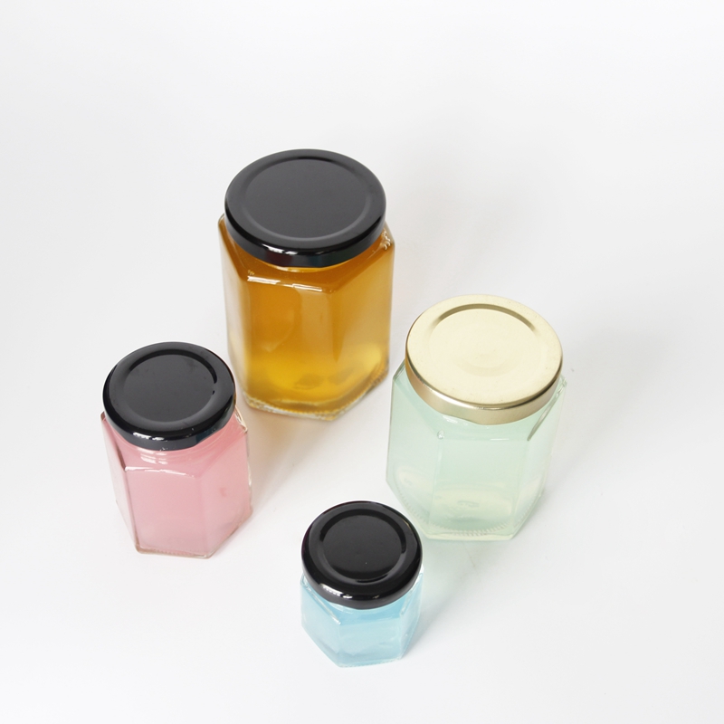Factory Price Wide Mouth 2oz 4oz 8oz 16oz 32oz Clear Hexagonal Glass Jar with Silver Gold Screw Metal Lid