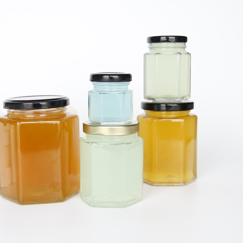 Factory Price Wide Mouth 2oz 4oz 8oz 16oz 32oz Clear Hexagonal Glass Jar with Silver Gold Screw Metal Lid