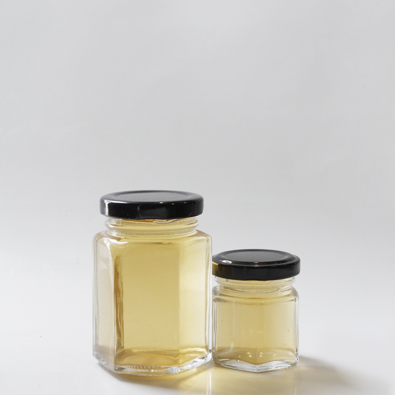 Factory Price Wide Mouth 2oz 4oz 8oz 16oz 32oz Clear Hexagonal Glass Jar with Silver Gold Screw Metal Lid