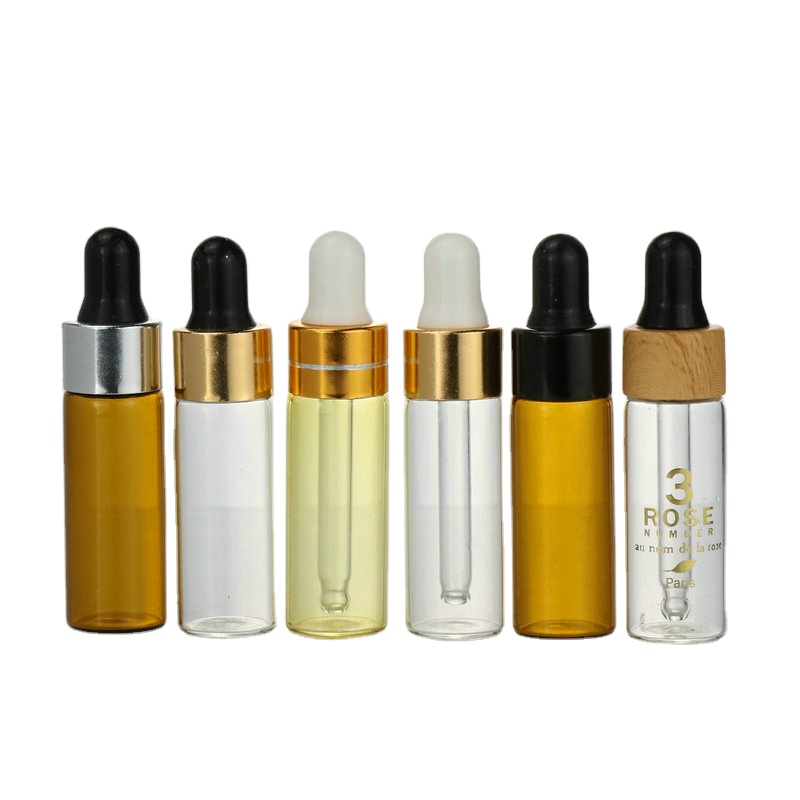 Factory Sale 1ml 2ml 3ml 5ml essential oil perfume mini sample amber glass vial with black plastic dropper cap