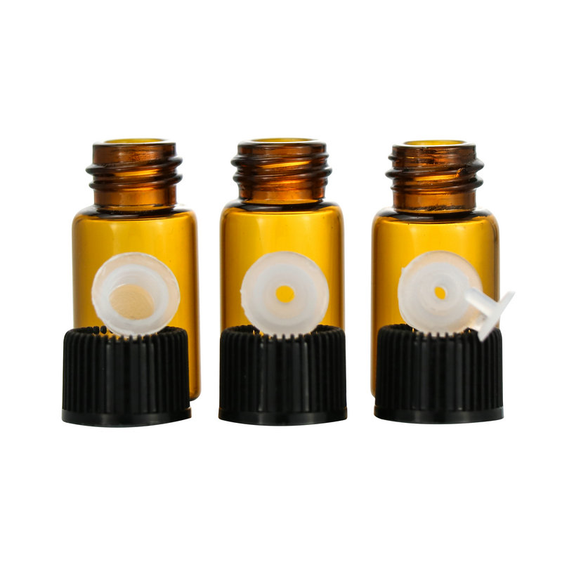 Factory Sale 1ml 2ml 3ml 5ml essential oil perfume mini sample amber glass vial with black plastic dropper cap