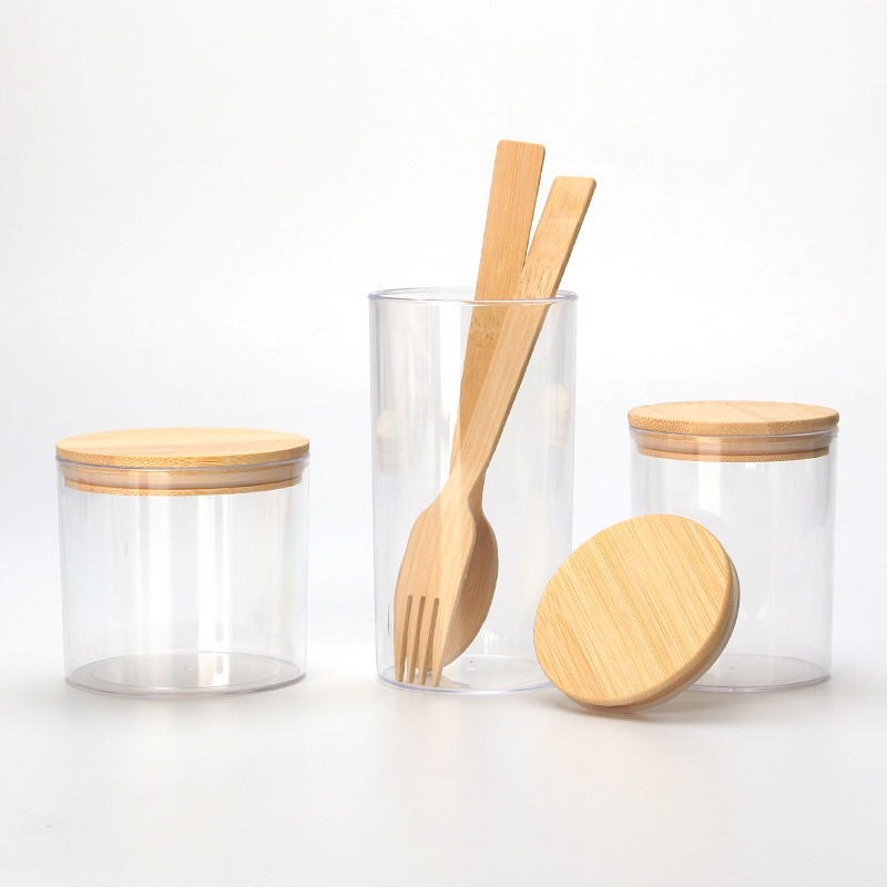 Factory Selling Directly 200ml 270ml 310ml clear wide mouth plastic cake jar with bamboo lid, plastic jars food grade