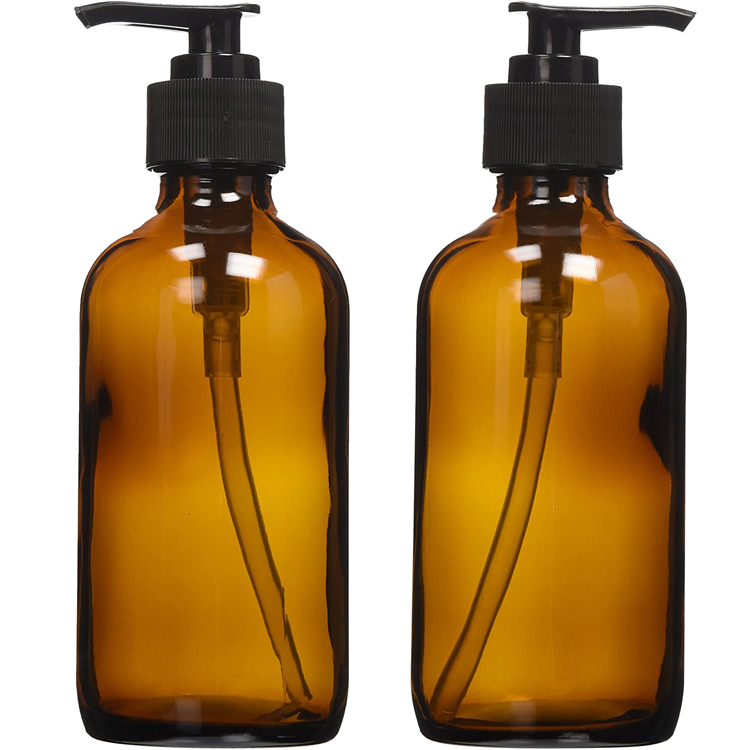 Factory Supplier Empty 8oz Amber Round Glass Bottles for Shampoo with Plastic Pump Lid