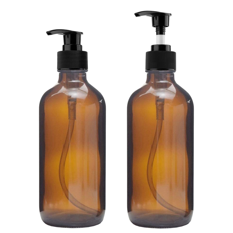 Factory Supplier Empty 8oz Amber Round Glass Bottles for Shampoo with Plastic Pump Lid