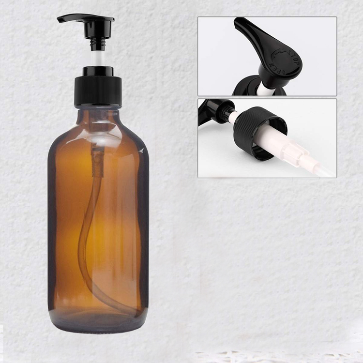 Factory Supplier Empty 8oz Amber Round Glass Bottles for Shampoo with Plastic Pump Lid