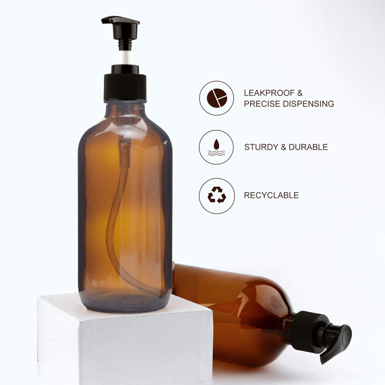 Factory Supplier Empty 8oz Amber Round Glass Bottles for Shampoo with Plastic Pump Lid