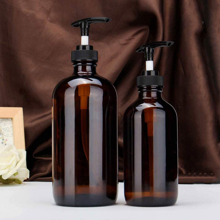 Factory Supplier Empty 8oz Amber Round Glass Bottles for Shampoo with Plastic Pump Lid