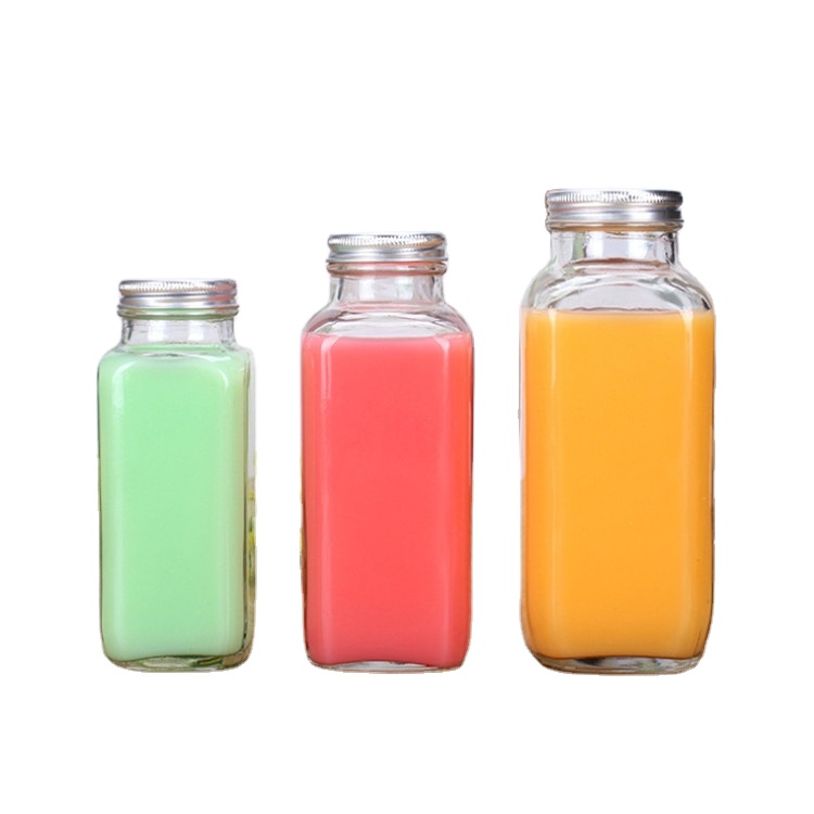 Factory Wholesale 250ML 350ML 500ML Empty Square Glass Beverage Bottle With Metal Screw Cap