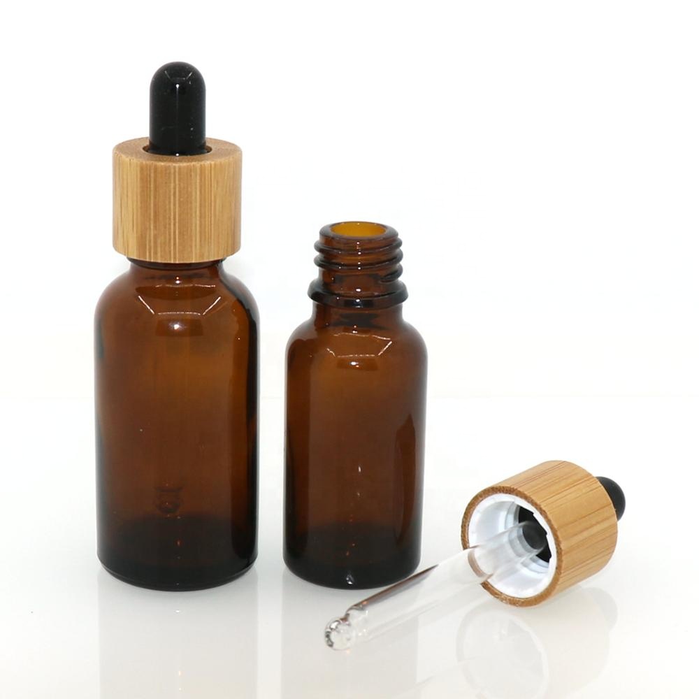 Factory bamboo pipette amber essential oil glass dropper bottle with bamboo cap