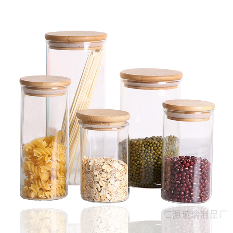 Factory custom  borosilicate glass sealed jar wholesale kitchen coarse grain storage jar combination bamboo lid