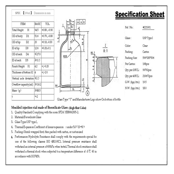 Factory direct 20mm neck 100ml clear moulded glass vial for antibiotics 100ml transparent injection glass bottle container
