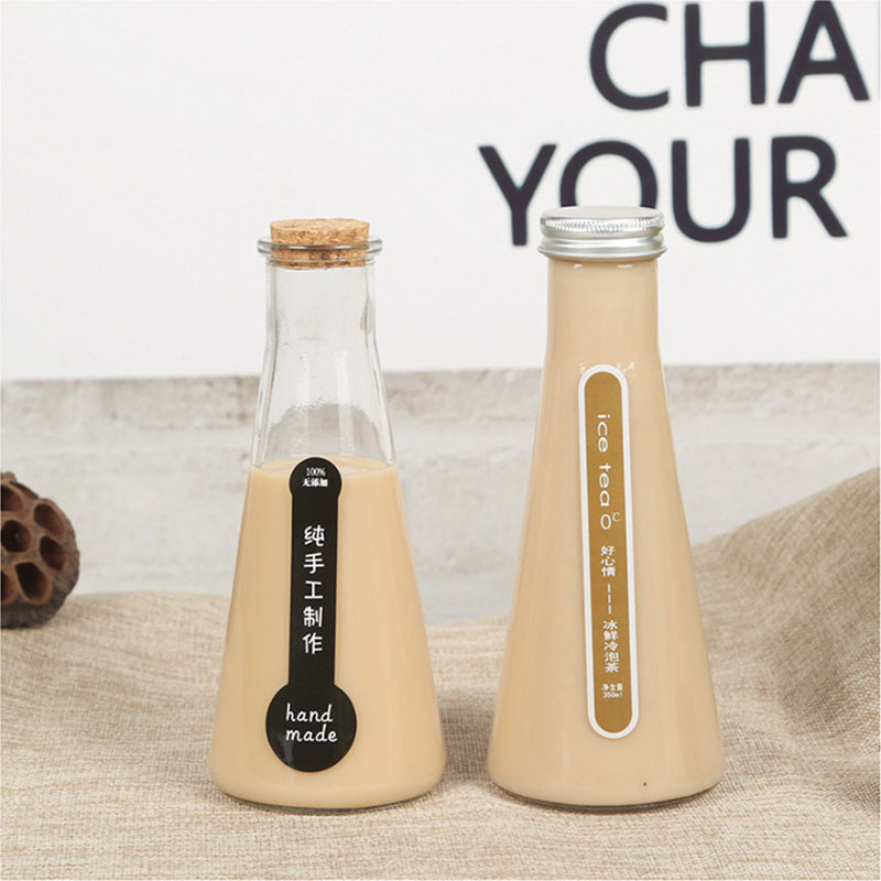 Factory direct custom beverage packaging bottle glass 350ml cork cap seal transparent milk juice bottle