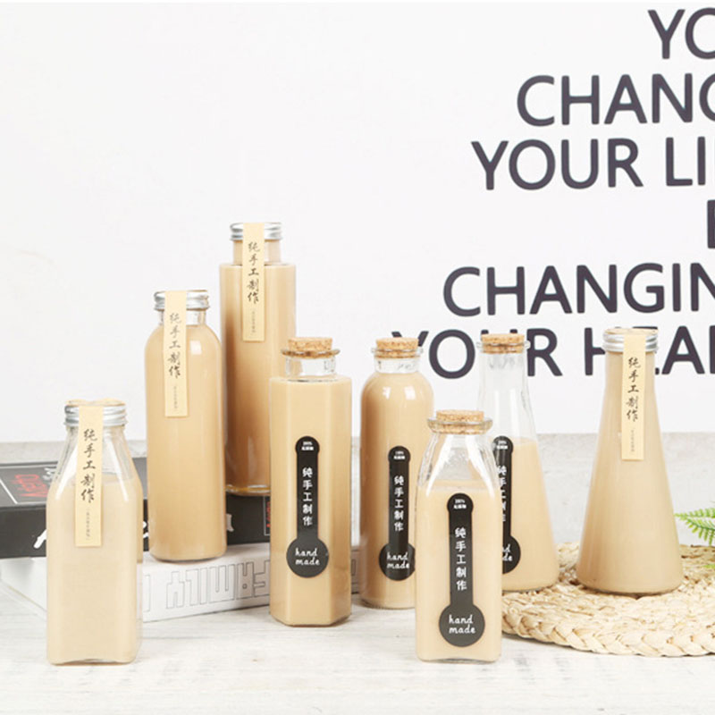 Factory direct custom beverage packaging bottle glass 350ml cork cap seal transparent milk juice bottle