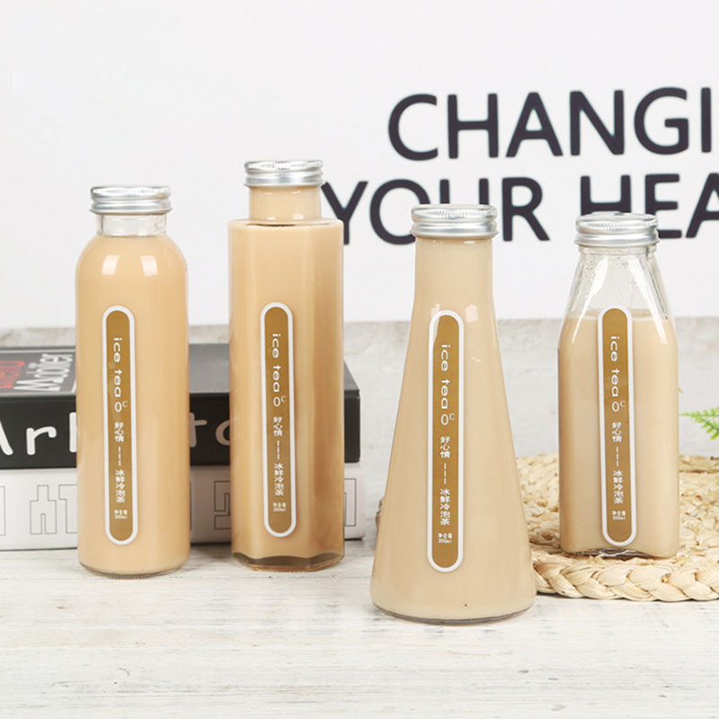 Factory direct custom beverage packaging bottle glass 350ml cork cap seal transparent milk juice bottle