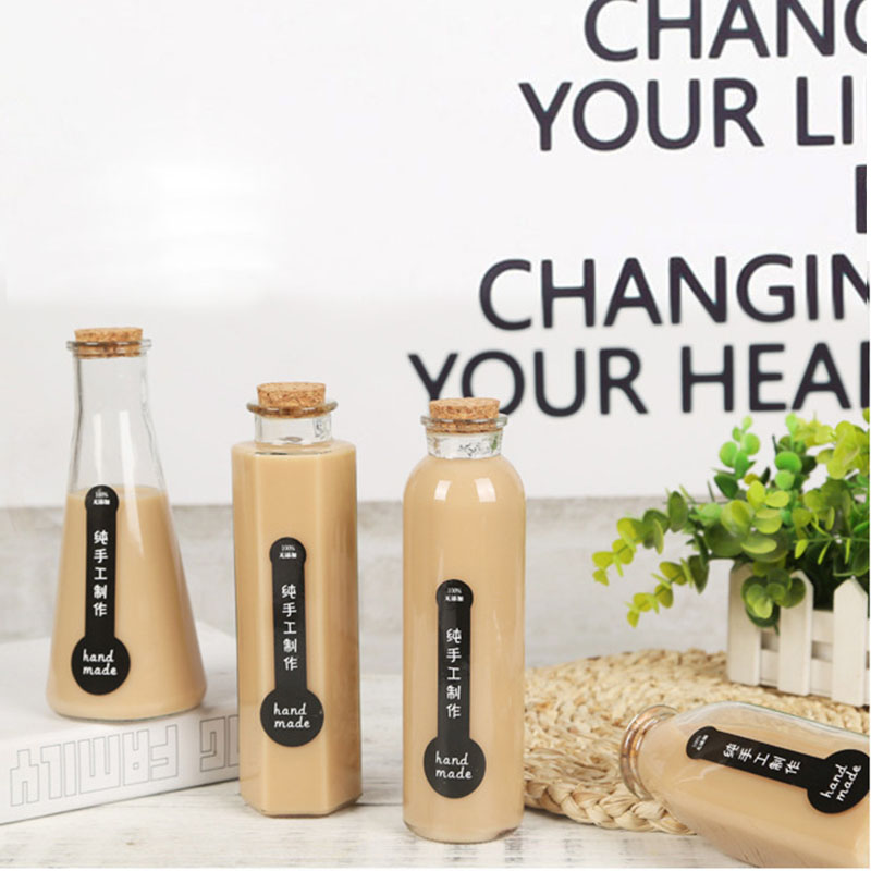 Factory direct custom beverage packaging bottle glass 350ml cork cap seal transparent milk juice bottle