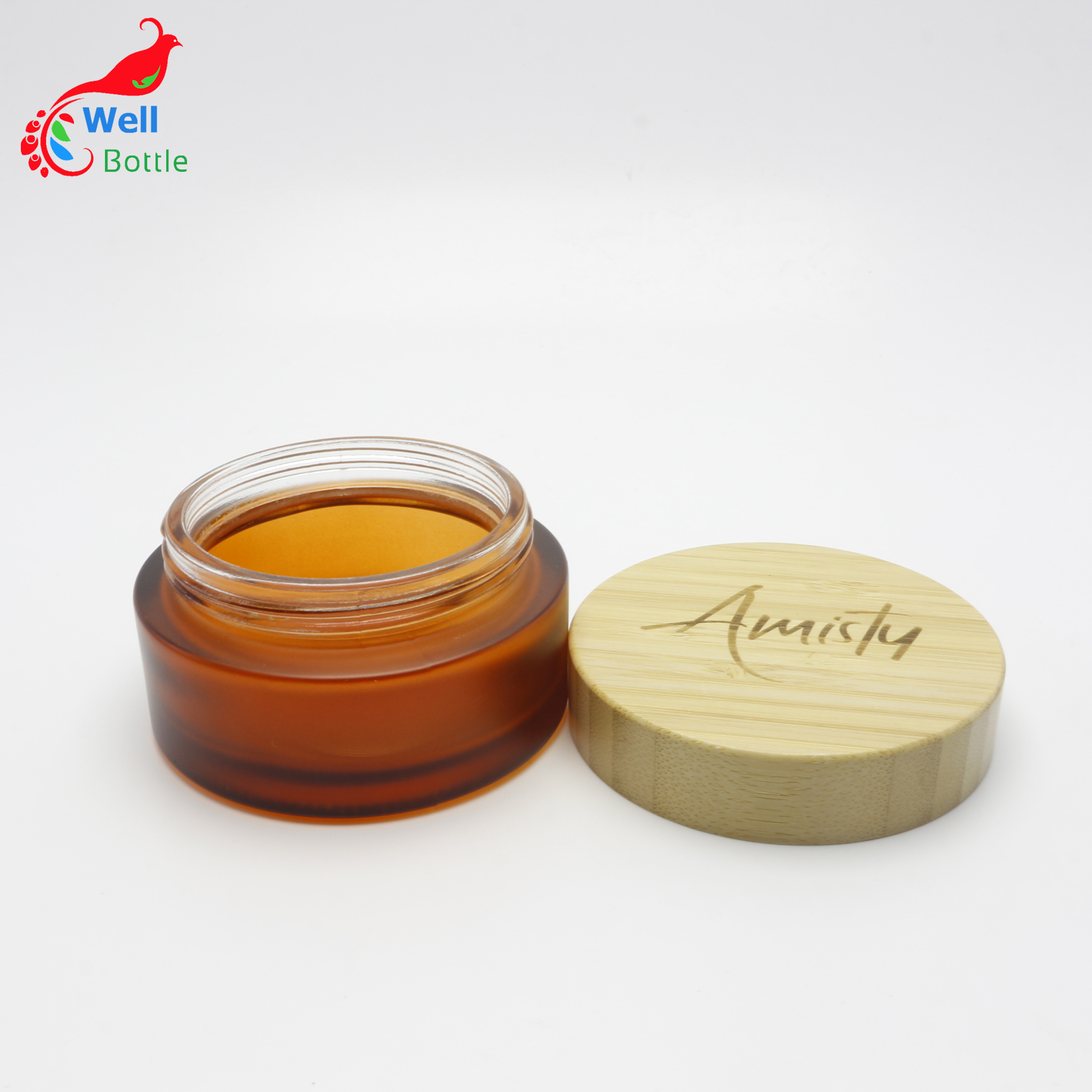Factory direct eco-friendly frosted amber glass bamboo cream jar 100ml glass emulsion jars with bamboo lid J148E