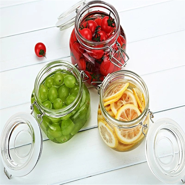 Factory direct sale clip cap 500ml 1000ml round airtight glass jars and bottles with plastic lid